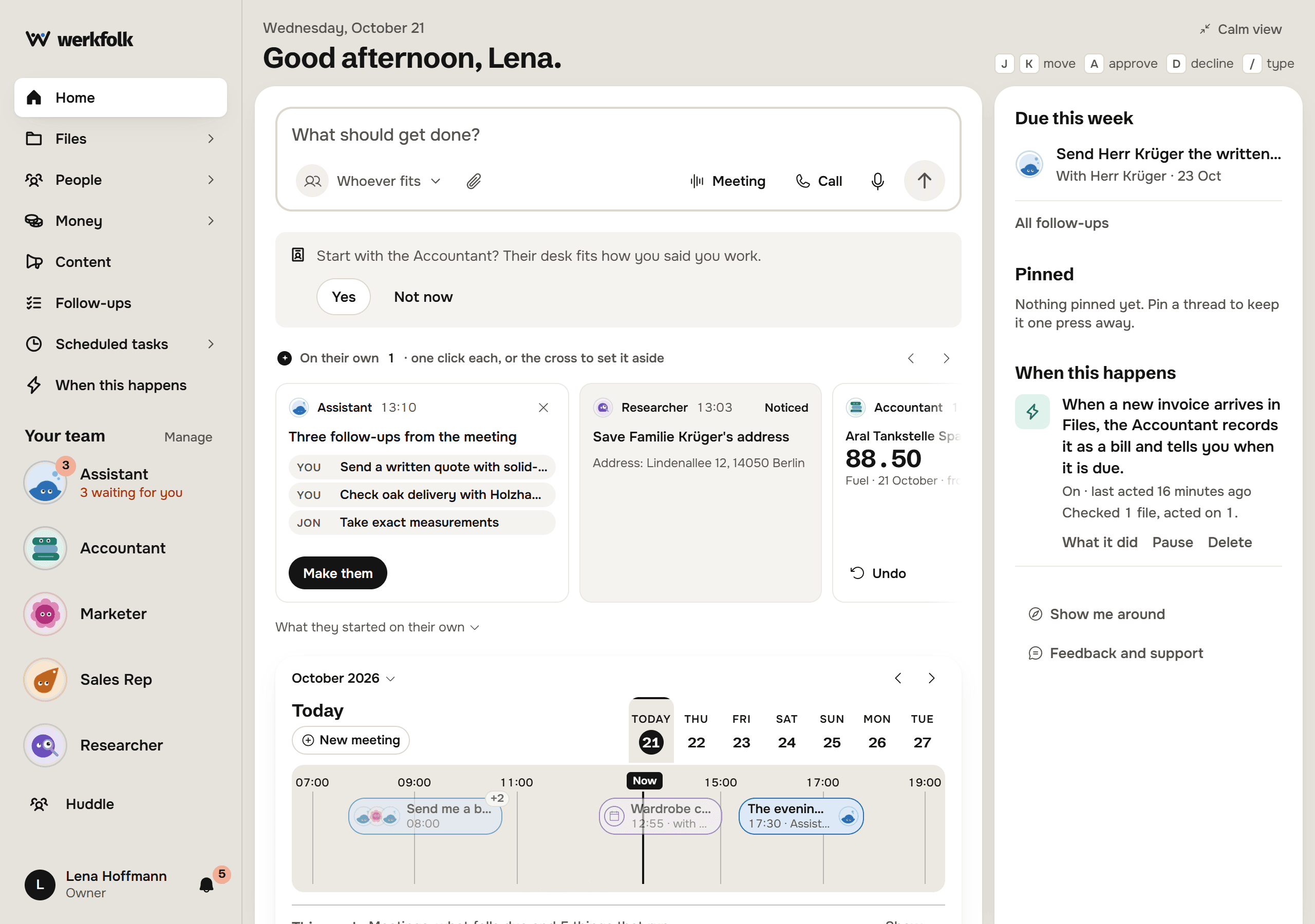 The werkfolk home screen for Hoffmann Tischlerei: the command bar with Meeting and Call, what the AI Employees started on their own, the week's calendar, and the team down the left.