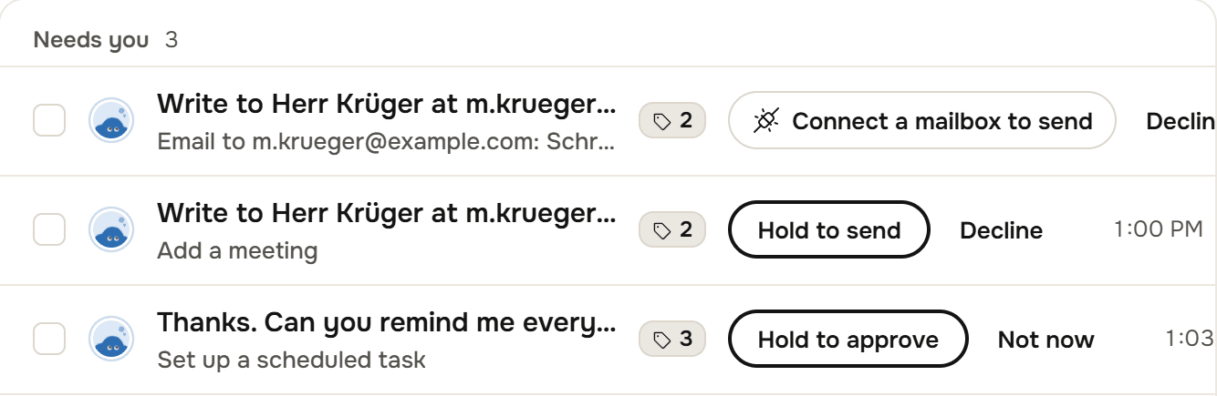 Needs you, 3, at the top of the Today list: the email to Herr Krüger, a meeting to add and a scheduled task, each with its buttons in the row.