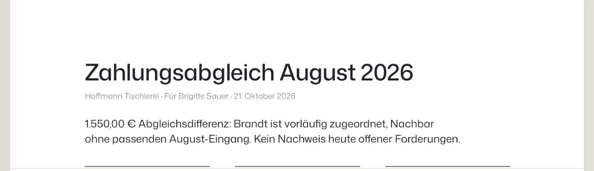 The top of the PDF's first page as the thread shows it: the heading Zahlungsabgleich August 2026, a line reading Hoffmann Tischlerei, Für Brigitte Sauer, 21. Oktober 2026, and a German summary of the 1,550.00 euro difference, Brandt provisionally matched and Nachbar with no August payment.