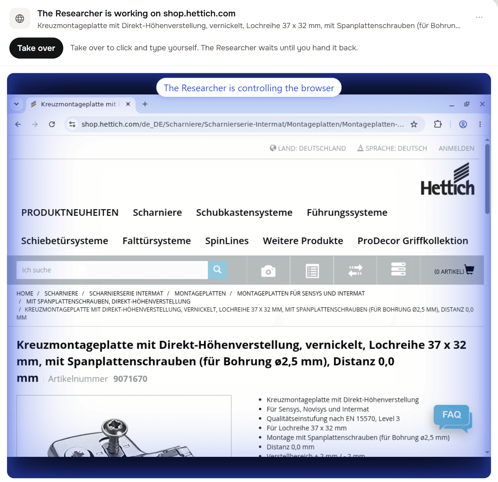 The Researcher is working on shop.hettich.com: a live browser on a Hettich mounting plate page, the chip The Researcher is controlling the browser, and Take over.
