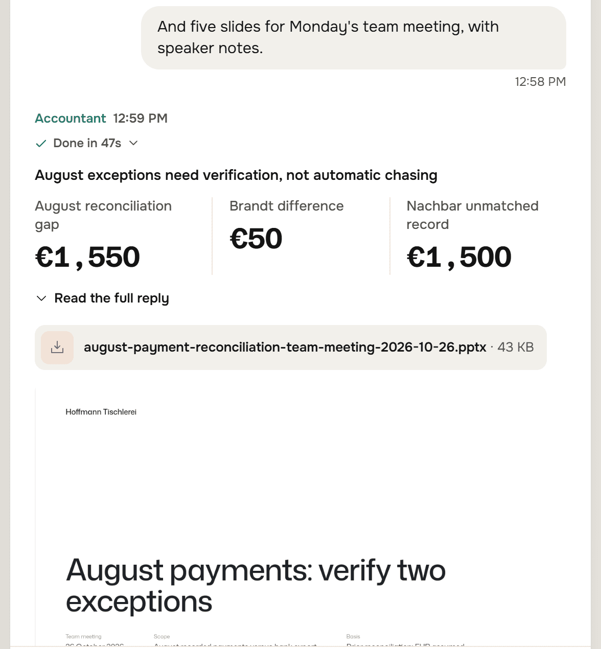 Lena asks for five slides for Monday's team meeting with speaker notes. The Accountant replies in 47 seconds under the heading August exceptions need verification, not automatic chasing, with three numbers: August reconciliation gap 1,550 euros, Brandt difference 50 euros, Nachbar unmatched record 1,500 euros. It attaches august-payment-reconciliation-team-meeting-2026-10-26.pptx, 43 KB, and shows slide 1: Hoffmann Tischlerei, and the title August payments: verify two exceptions.