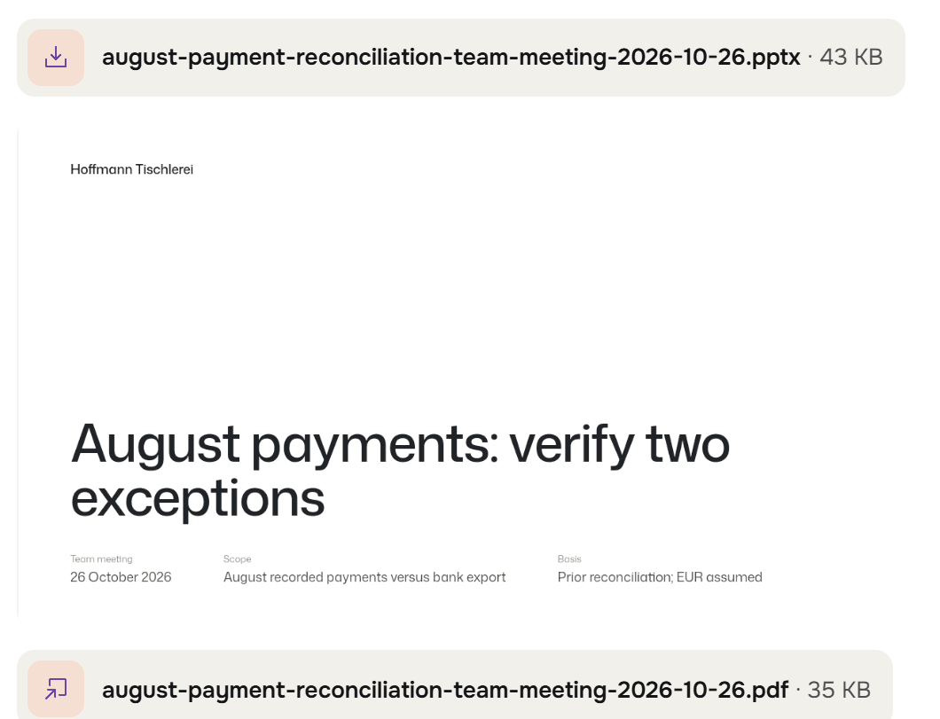 The deck for Monday's team meeting: the editable .pptx, the first slide, August payments: verify two exceptions, and the PDF of the slides.