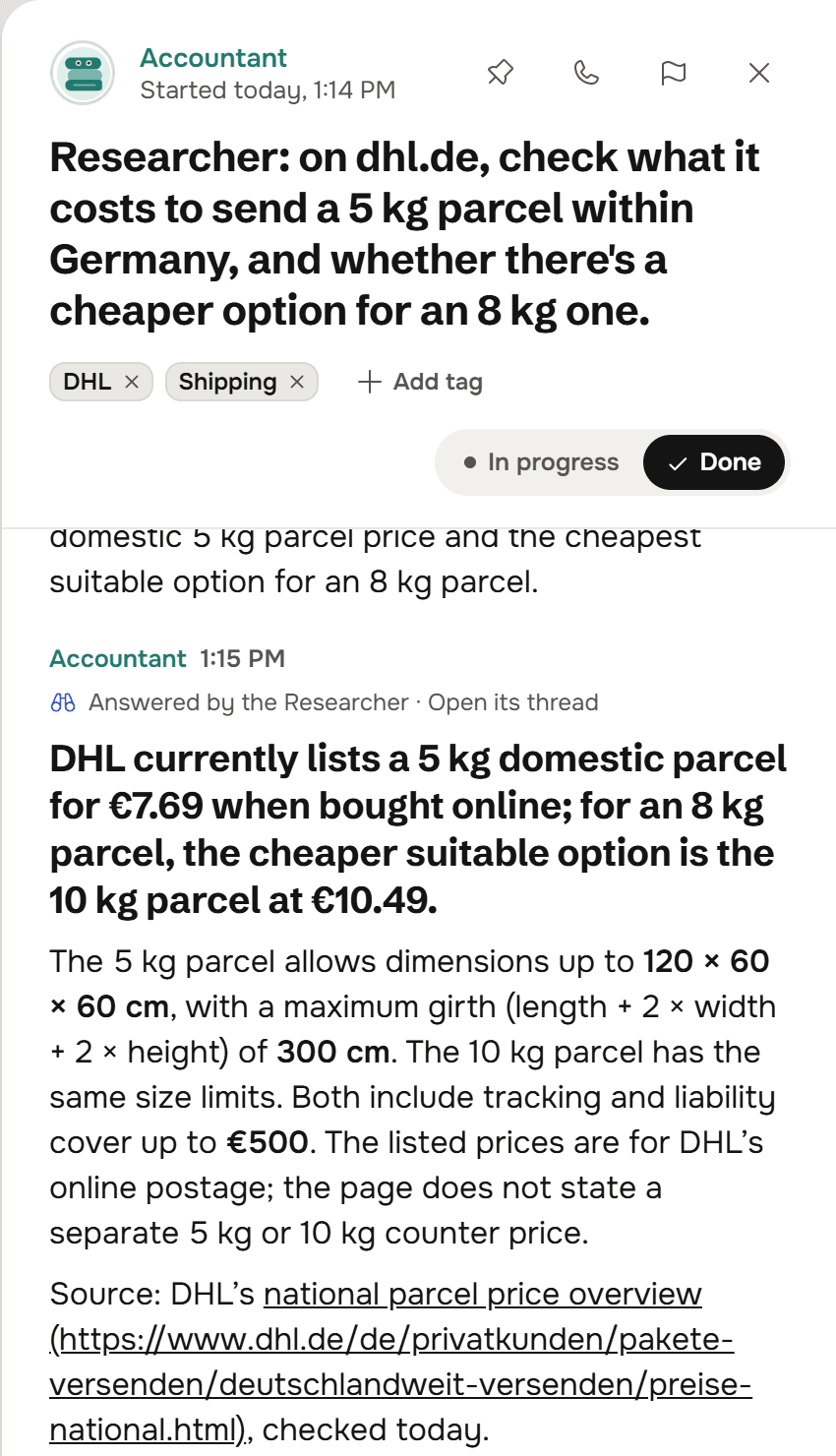 The same thread later: under the Accountant, the line Answered by the Researcher, Open its thread, and the answer: DHL currently lists a 5 kg domestic parcel for 7.69 euros when bought online; for an 8 kg parcel, the cheaper suitable option is the 10 kg parcel at 10.49 euros, with the size limits, tracking and liability cover up to 500 euros, and the DHL price page as the source, checked today.
