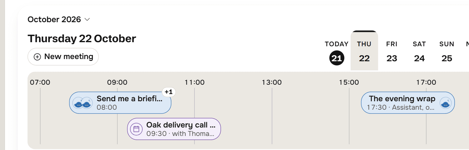 The Horizon on the home screen, showing Thursday 22 October with a New meeting button and a day picker from Today 21 to Sunday 25. On the hour line, a scheduled briefing at 08:00, the meeting Oak delivery call at 09:30 with Thomas Brenner, and The evening wrap at 17:30.