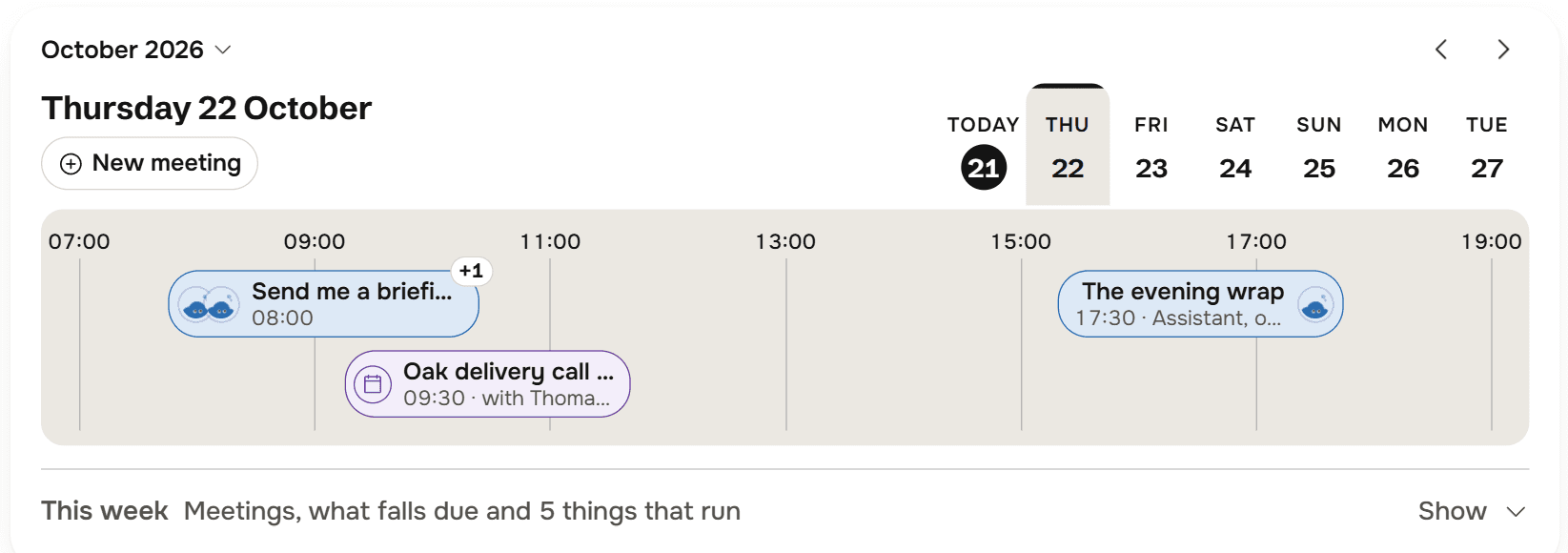 The Horizon on Thursday 22 October: the morning briefing task at 08:00, the Oak delivery call with Thomas Brenner at 09:30, and The evening wrap at 17:30 by the Assistant, on its own. Underneath, This week: Meetings, what falls due and 5 things that run.