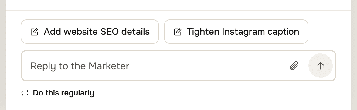 The foot of the Marketer's thread: two buttons, Add website SEO details and Tighten Instagram caption, then the field Reply to the Marketer, and Do this regularly.