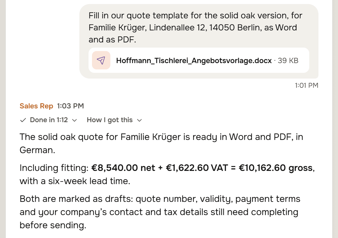The Sales Rep replies in 1 minute 12 that the solid oak quote for Familie Krüger is ready in Word and PDF, in German. Including fitting: 8,540.00 euros net plus 1,622.60 VAT equals 10,162.60 gross, with a six-week lead time. Both are marked as drafts: quote number, validity, payment terms and the company's contact and tax details still need completing before sending.