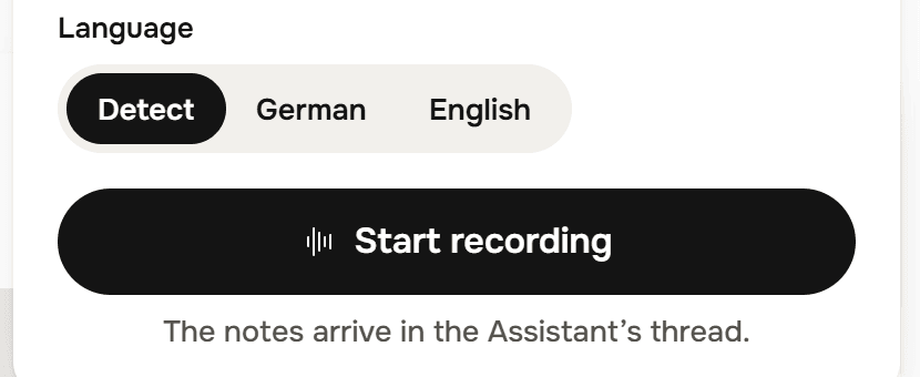 The bottom of the Record a meeting drop-down: Language with Detect, German and English, Detect selected, a Start recording button, and the line The notes arrive in the Assistant's thread.