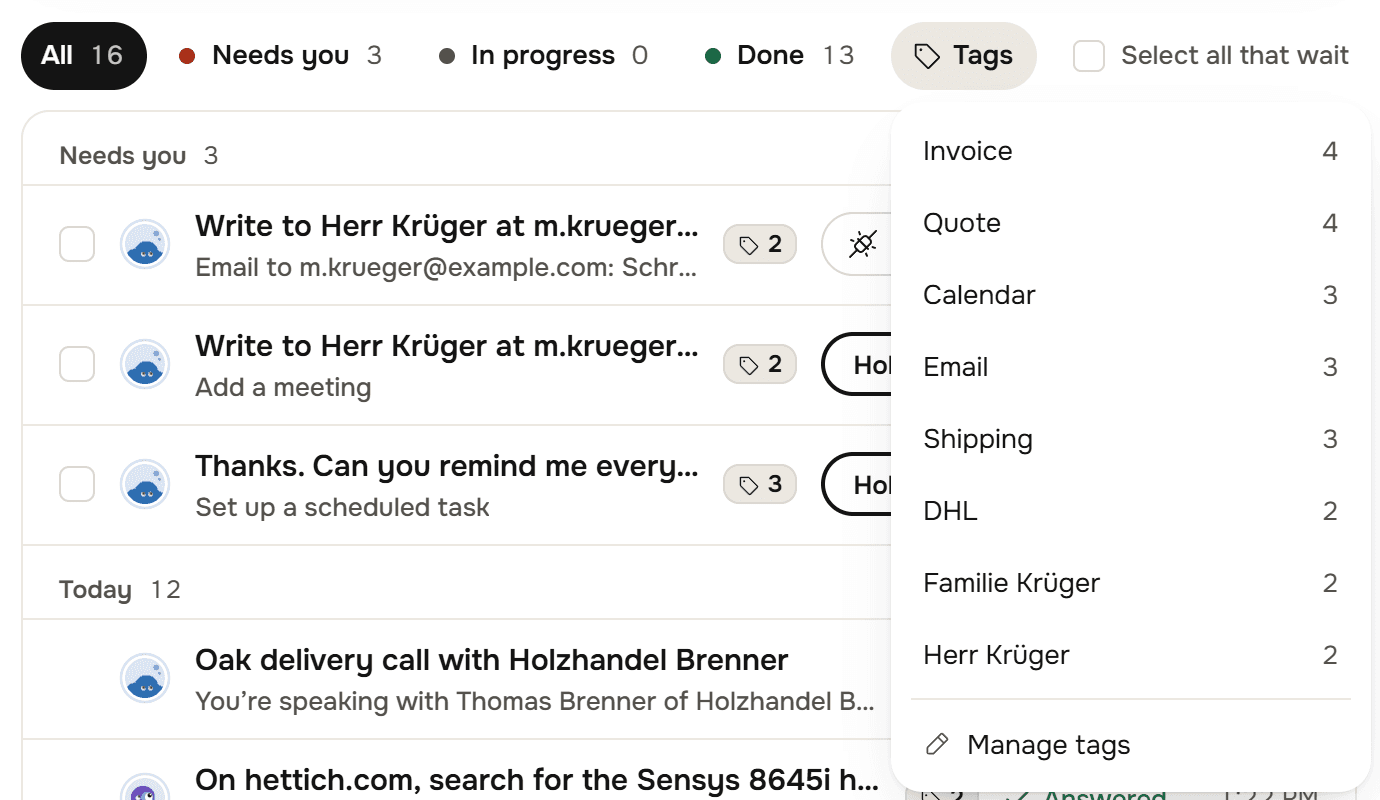 The Tags menu open over the Today list: Invoice 4, Quote 4, Calendar 3, Email 3, Shipping 3, DHL 2, Familie Krüger 2, Herr Krüger 2, and Manage tags at the foot.
