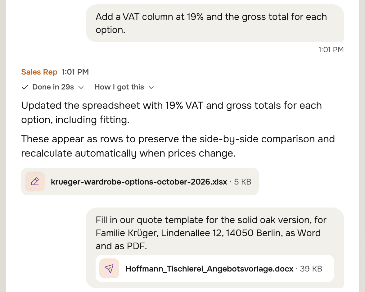 Lena asks to add a VAT column at 19% and the gross total for each option. The Sales Rep replies in 29 seconds that it updated the spreadsheet with 19% VAT and gross totals for each option, including fitting, as rows that recalculate when prices change, and attaches krueger-wardrobe-options-october-2026.xlsx. Lena then asks to fill in the quote template for the solid oak version, for Familie Krüger, Lindenallee 12, 14050 Berlin, as Word and as PDF, with Hoffmann_Tischlerei_Angebotsvorlage.docx attached.